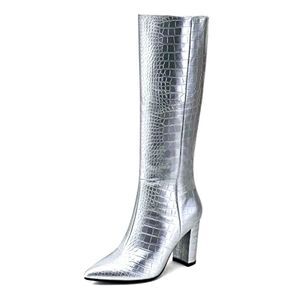 Modatope NIB Silver Knee High Boots with Chunky Heel Size 6